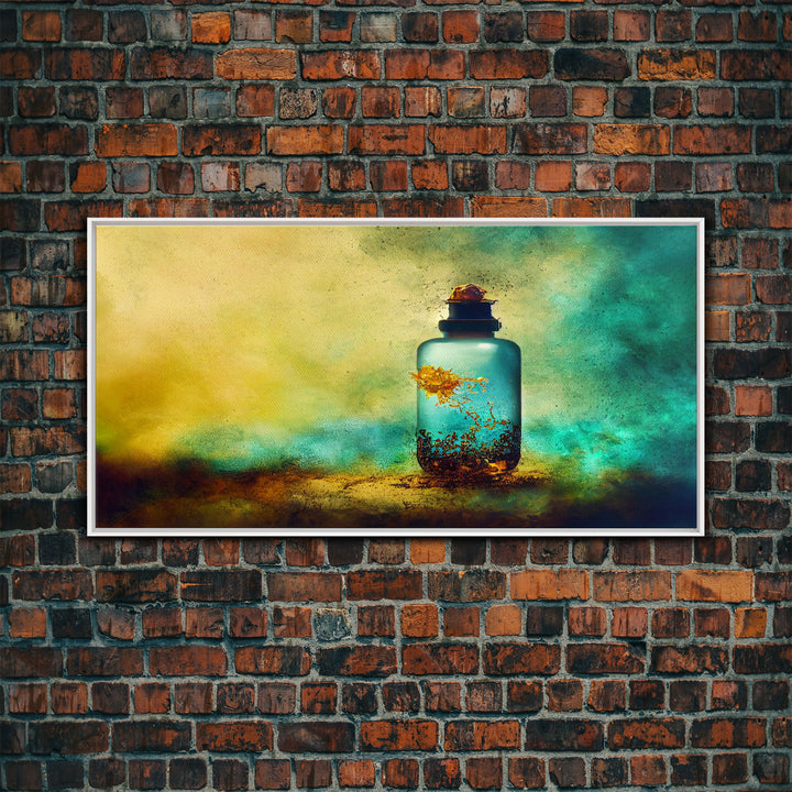 Mini world in a bottle, colorful miniature world art, framed canvas print, ready to hang framed wall art