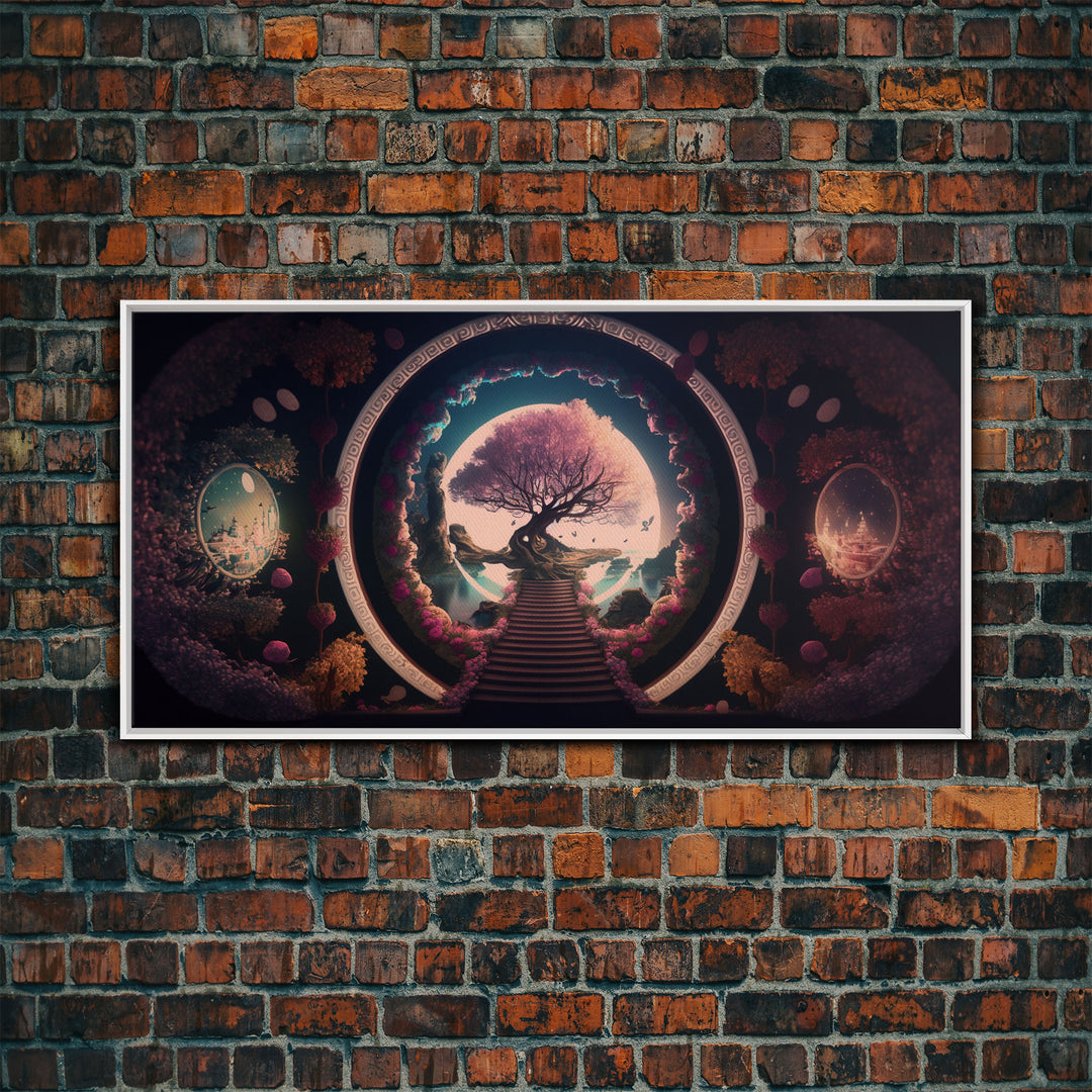 Stairway to a magical forest, fantasy concept art, framed canvas print, colorful wall decor, portal to another world