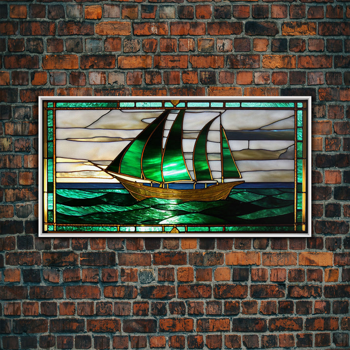Emerald Green and Gold Art Deco Sail Boat, Framed Canvas Print, Retro MCM Style Wall Art, Midcentury Modern, Vintage Style, Stained Glass