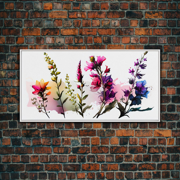 Colorful Wild Flowers On White Background, Framed Canvas Print, Watercolor Wall Art, Wall Decor, Floral Art, Pink Flowers, Mother's Day