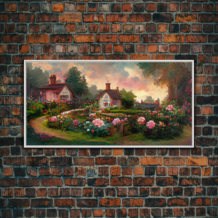 English cottage with rose garden, canvas print, cute English countryside wall art