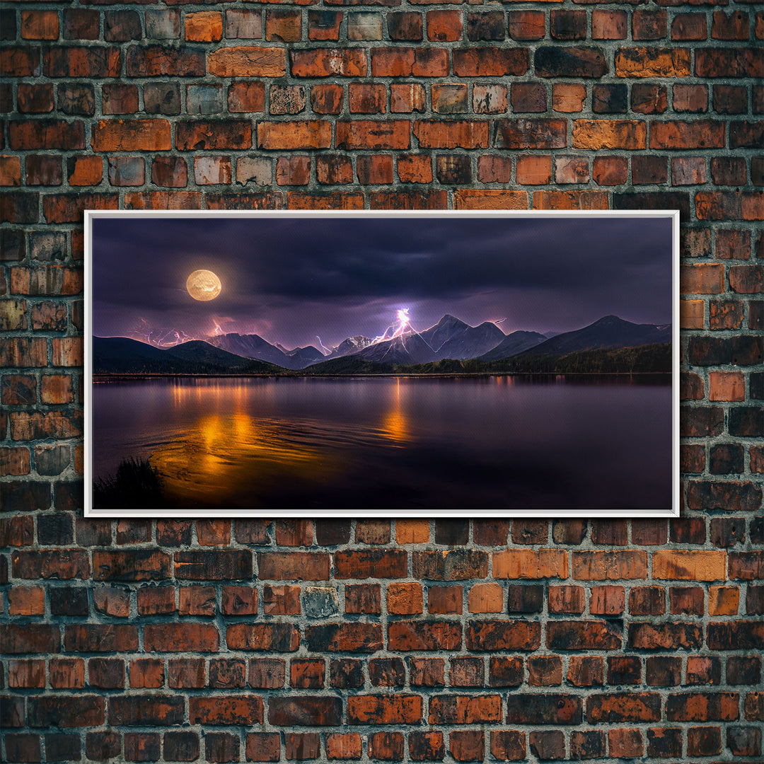 Full moon canvas print, Lightning storm over a mountain lake at night, cool wall art, awesome wall art