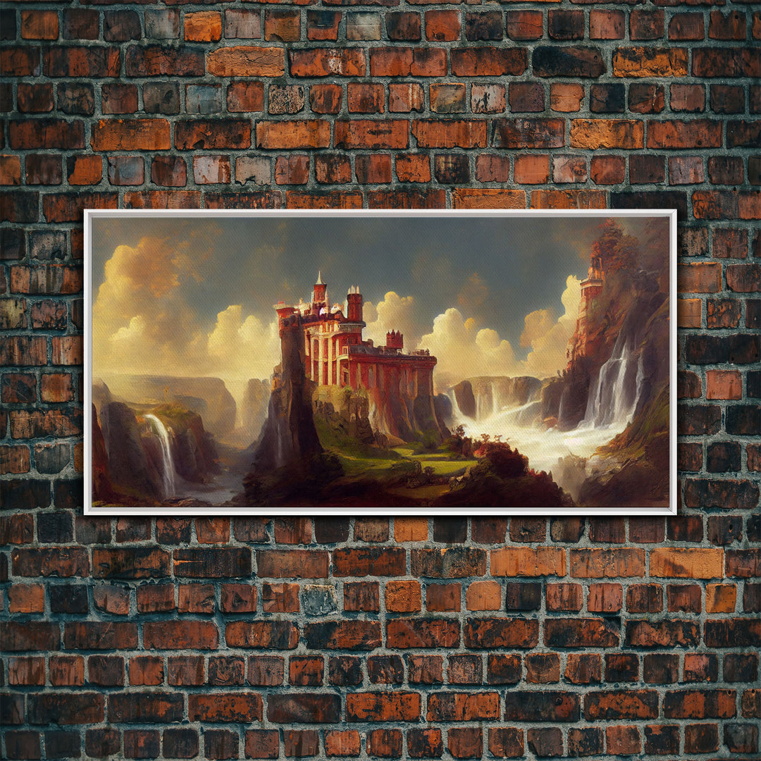 Fantasy wall art, canvas print, castle in the sky, castle atop mountains and waterfalls, watercolor