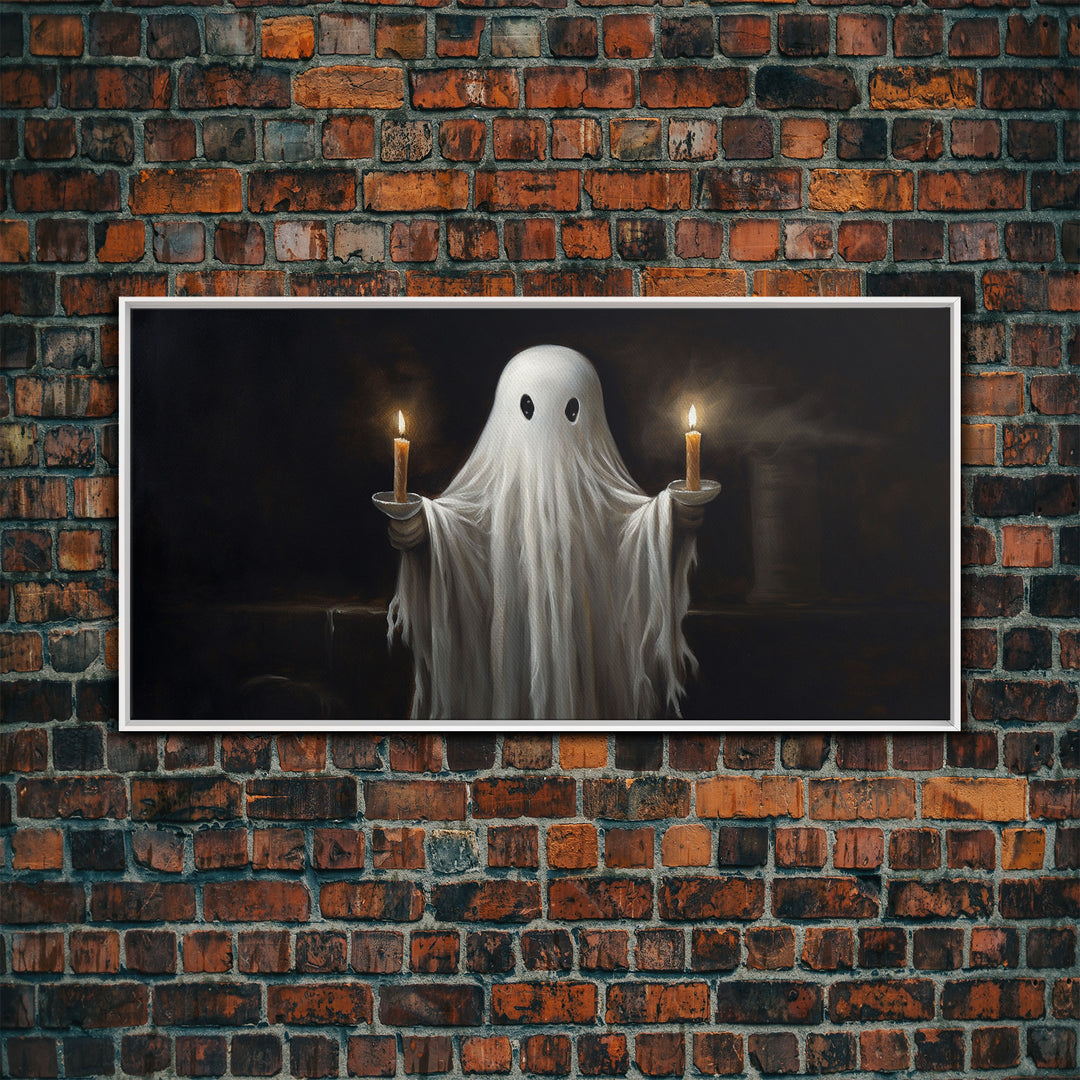 Cute Ghost Holding Candles, Framed Canvas Print, Dark Academia Wall Art, Victorian Oil Painting Style Halloween Wall Art, Ghost Print
