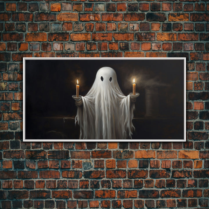 Cute Ghost Holding Candles, Framed Canvas Print, Dark Academia Wall Art, Victorian Oil Painting Style Halloween Wall Art, Ghost Print
