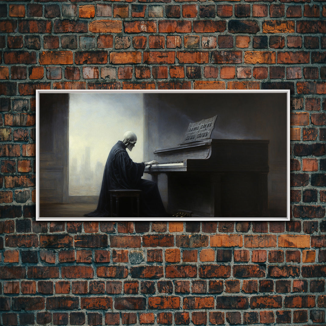 Grim Reaper Playing The Piano, Framed Canvas Print, Cool Halloween Decor, Wild West Themed Halloween Art