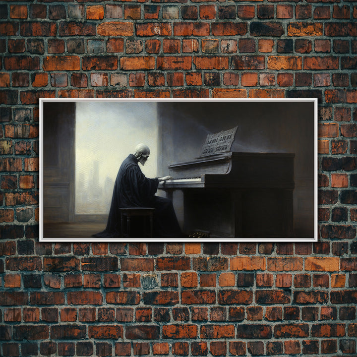 Grim Reaper Playing The Piano, Framed Canvas Print, Cool Halloween Decor, Wild West Themed Halloween Art