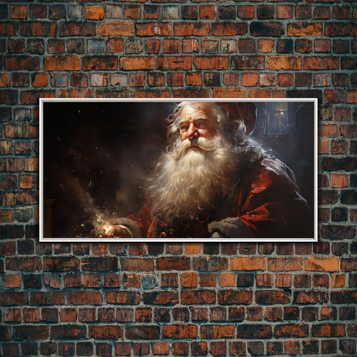 Santa Claus Burning The Midnight Oil - Framed Canvas Print - Christmas Santa Art - Xmas Decor Poster - Vintage Xmas Holiday Art Print