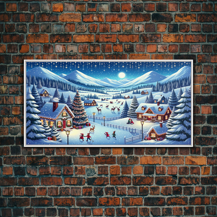 Cute Christmas Village Centerpiece Wall Art - Framed Canvas Print - Winter Wonderland Decorated for Christmas Canvas Wall Art - Vintage Xmas