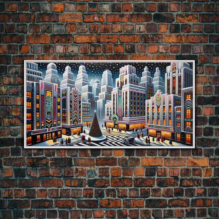 Vintage Style Art Deco Christmas Village | Framed Canvas Print | Winter Centerpiece | Retro Christmas Art | Vintage Christmas Decor