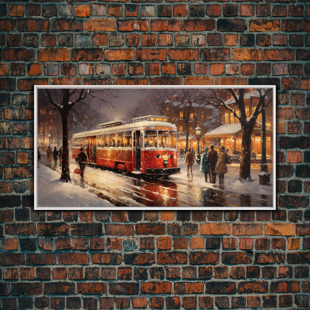 Retro Red Trolley Car Decorated For Christmas, Framed Canvas Print, Christmas Wall Art, Christmas Decor Mom Christmas Gift Christmas Village