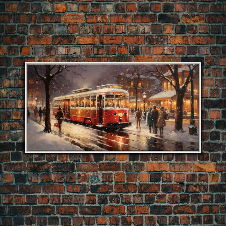 Retro Red Trolley Car Decorated For Christmas, Framed Canvas Print, Christmas Wall Art, Christmas Decor Mom Christmas Gift Christmas Village