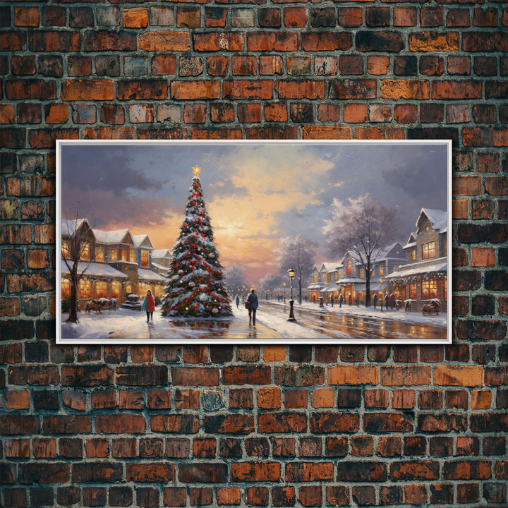 Cute Christmas Decor, Christmas Wall Art, Vintage Winter Wonderland Christmas Village Oil Painting Canvas Print, Framed Wall Art