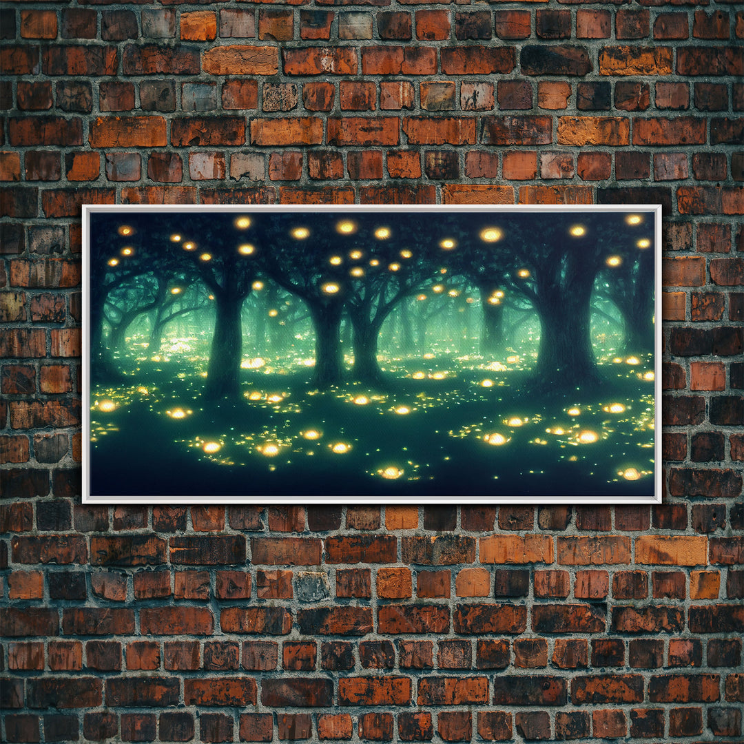 Fireflies At Night In A Fantasy Forest,  Framed Ready To Hang Canvas Print, beautiful wall art, guest room decor