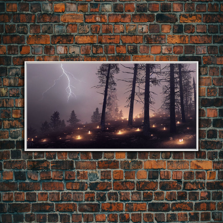 Haunted Gloomy Graveyard At Night, Thunder Storm, Halloween Cemetery Art, ready to hang canvas print wall art, Lightning Art