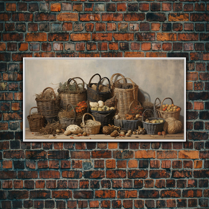 Cornucopia Wall Art, Basket Wall Decor Framed Canvas Print, Boho Wall Art, Wicker Round Bowl Art, Wicker Wall Art Print, Fall Decor