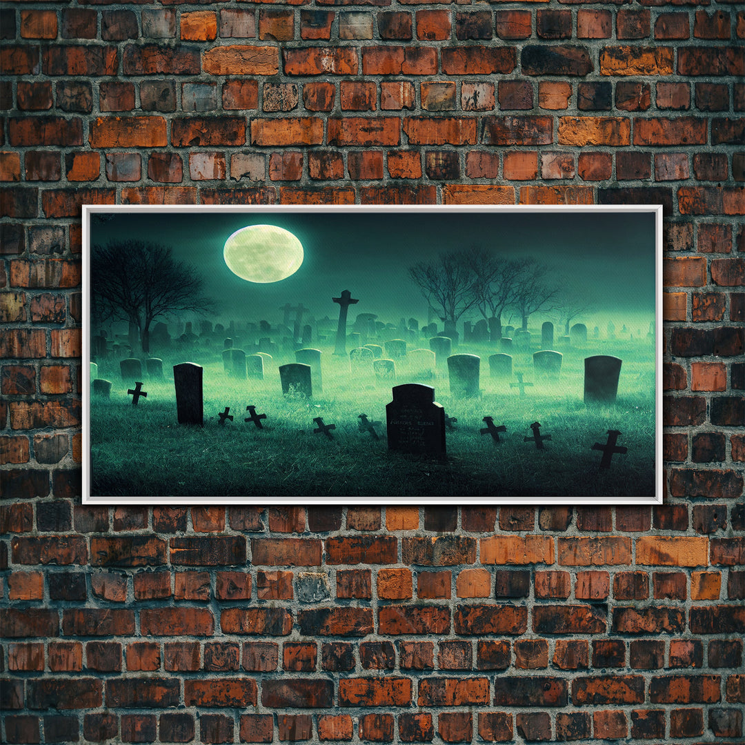 Halloween Cemetery At Night, Full Moon, Spooky Creepy Graveyard, ready to hang canvas print wall art
