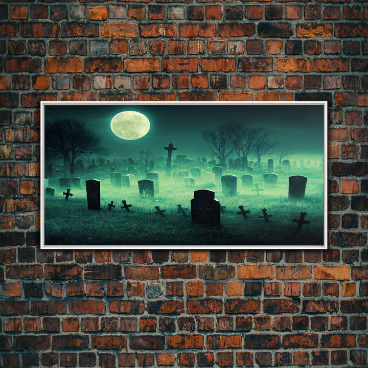 Halloween Cemetery At Night, Full Moon, Spooky Creepy Graveyard, ready to hang canvas print wall art