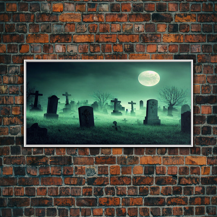 Full Moon Over A Haunted Cemetery At Night, Spooky Creepy Graveyard, ready to hang canvas print wall art, Halloween Art