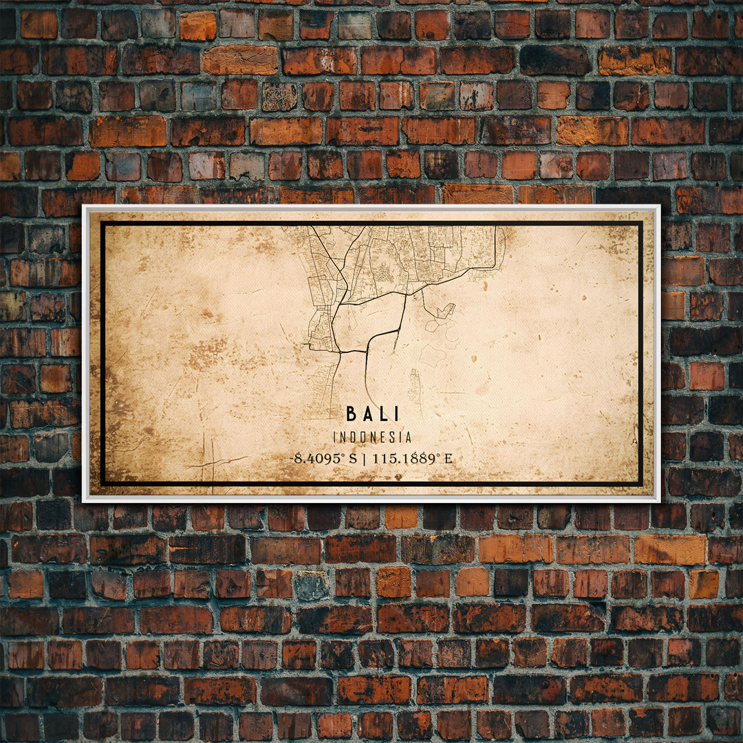 Vintage Bali Indonesia City Map Wall Art Canvas Print, Distressed Style Bali Map, Framed Wall Art, Cool Bali Travel Wall Art, Office Art