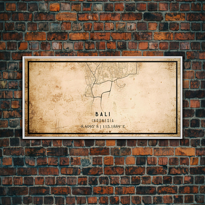 Vintage Bali Indonesia City Map Wall Art Canvas Print, Distressed Style Bali Map, Framed Wall Art, Cool Bali Travel Wall Art, Office Art