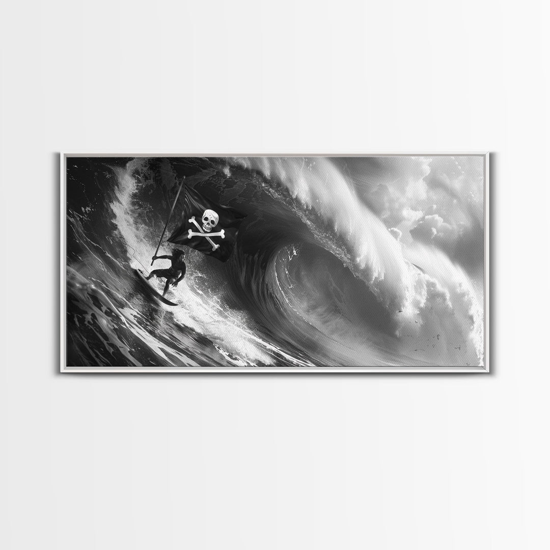Pirate Surf - Framed Canvas Print - Black & White Photography Style Wall Art - Skull and Cross Bones Wall Art - Manly Decor - Mancave