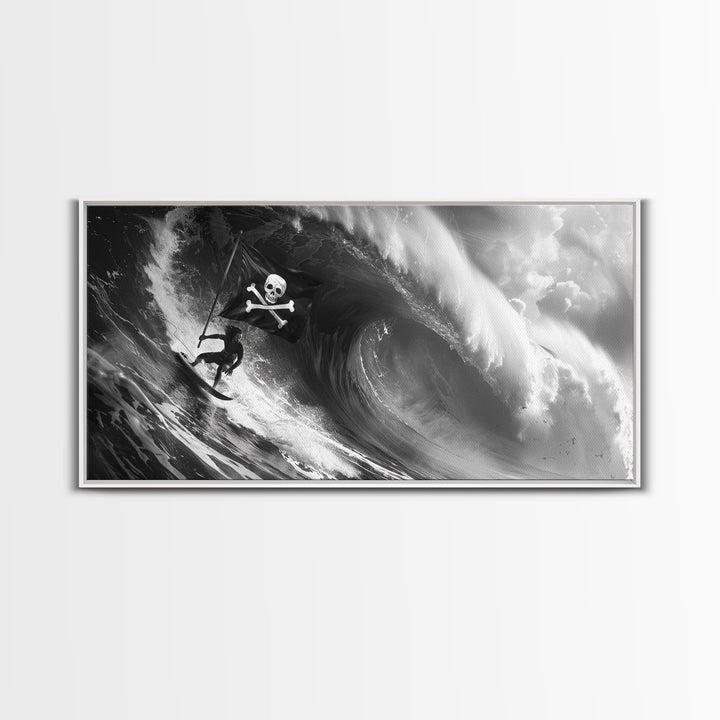 Pirate Surf - Framed Canvas Print - Black & White Photography Style Wall Art - Skull and Cross Bones Wall Art - Manly Decor - Mancave