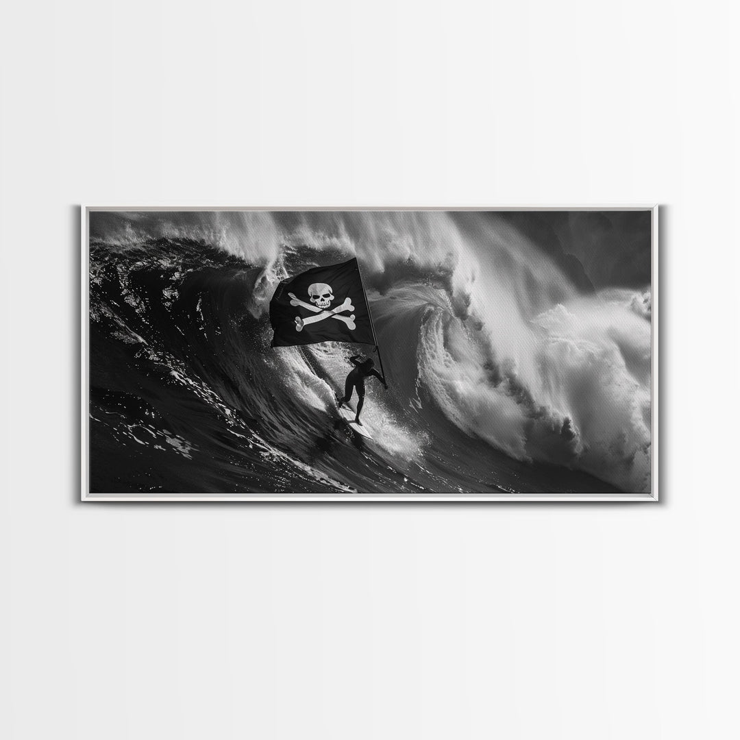 Surfer Waving A Skull and Crossbones Flag While Surfing - Framed Canvas Print - Cool Modern Art - Office / Mancave Decor Gift For Him