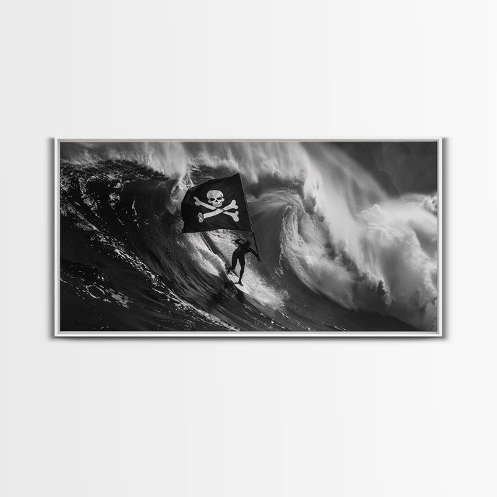 Surfer Waving A Skull and Crossbones Flag While Surfing - Framed Canvas Print - Cool Modern Art - Office / Mancave Decor Gift For Him