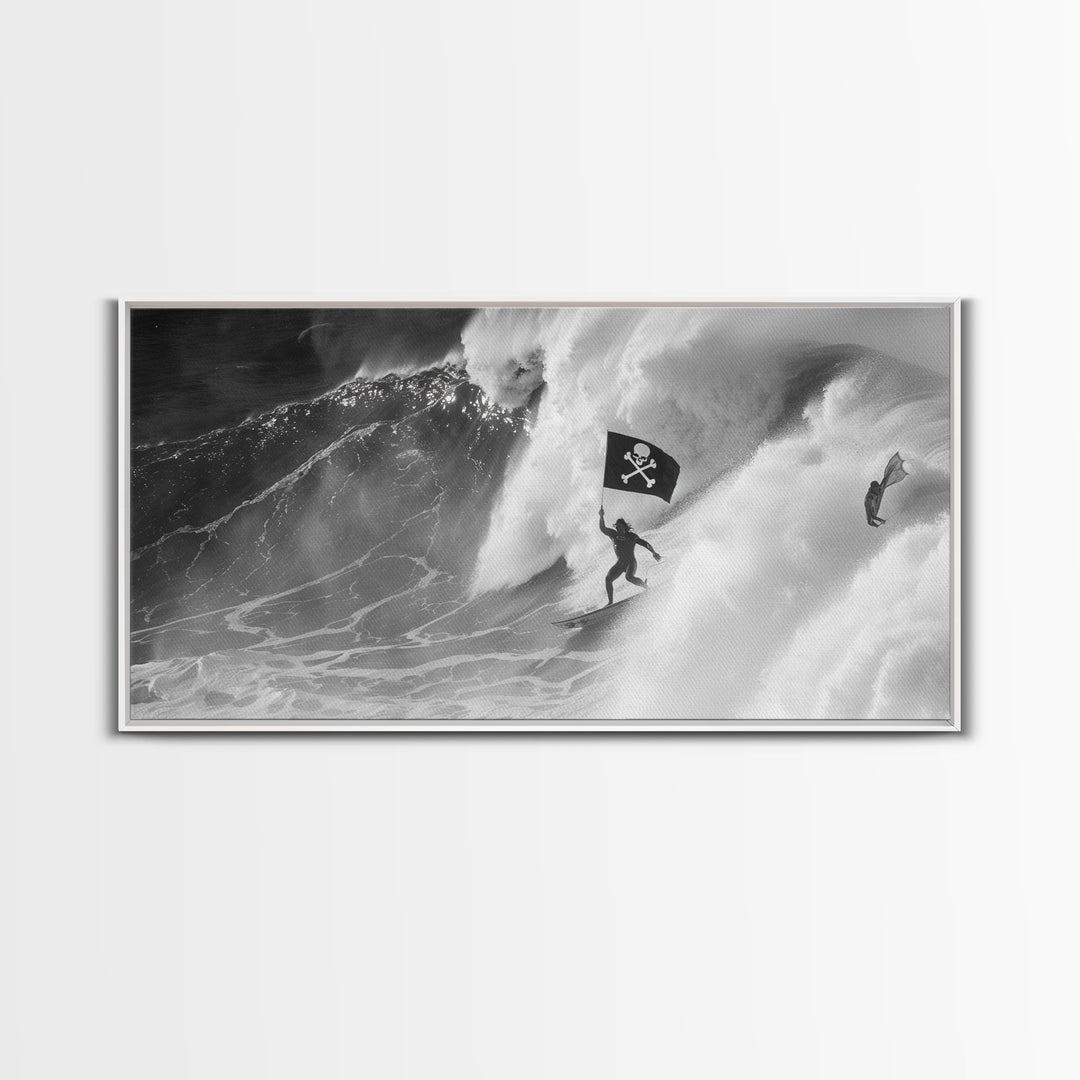 Surfer Waving A Skull and Crossbones Flag While Surfing - Framed Canvas Print - Cool Modern Art - Office / Mancave Decor Gift For Him