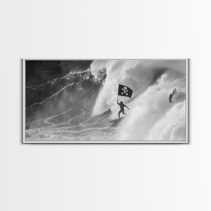 Surfer Waving A Skull and Crossbones Flag While Surfing - Framed Canvas Print - Cool Modern Art - Office / Mancave Decor Gift For Him