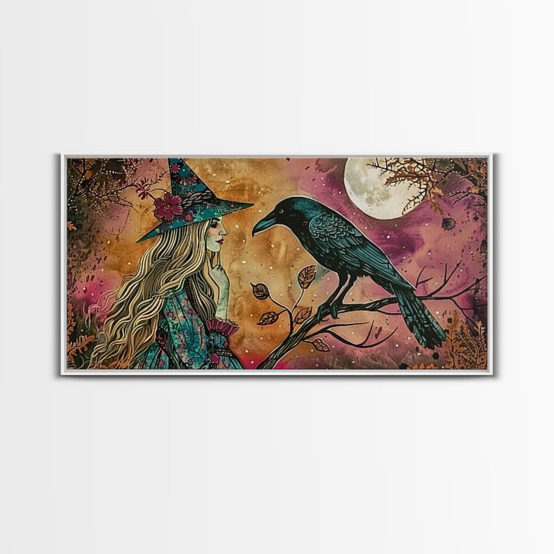 Cottagecore Witch & Raven, Springtime Witch, Halloween Art, Framed Canvas Print, Halloween Accessories, Halloween Decor
