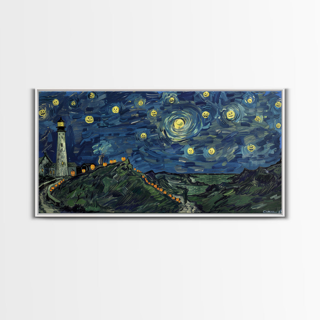Lighthouse and the Storm, Framed Canvas Print, Unique Halloween Wall Art, Nautical Decor, Starry Night Inspired Wall Art