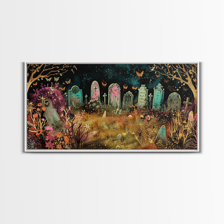Colorful Haunted Grave Yard In The Spring Time, Framed Canvas Print, Spooky Wall Art, Halloween Spooky Season Decor