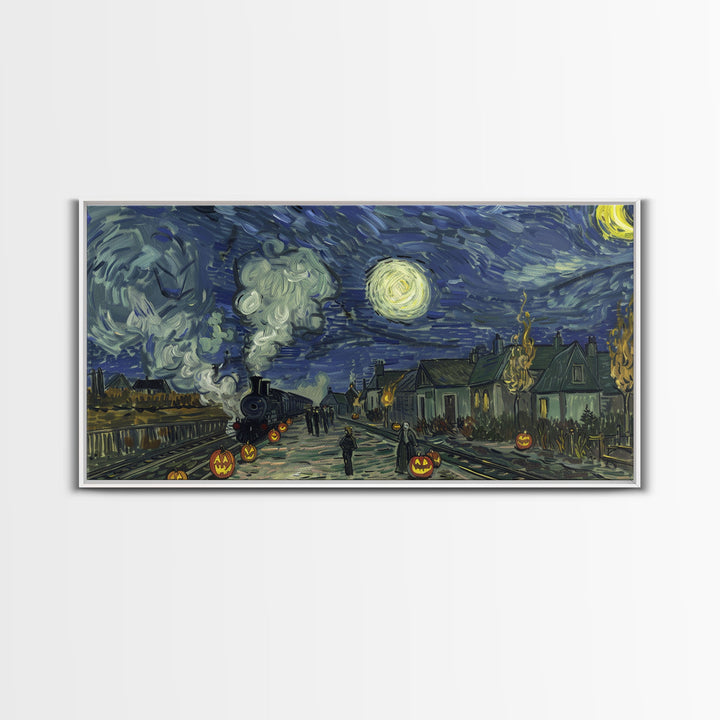 Starry Night Inspired Haunted Steam Train, Framed Canvas Print, Spooky Halloween Wall Art