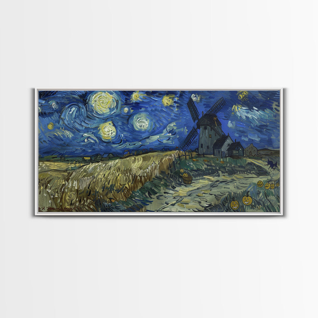 Starry Night Inspired Haunted Wind Mill, Framed Canvas Print, Spooky Halloween Wall Art