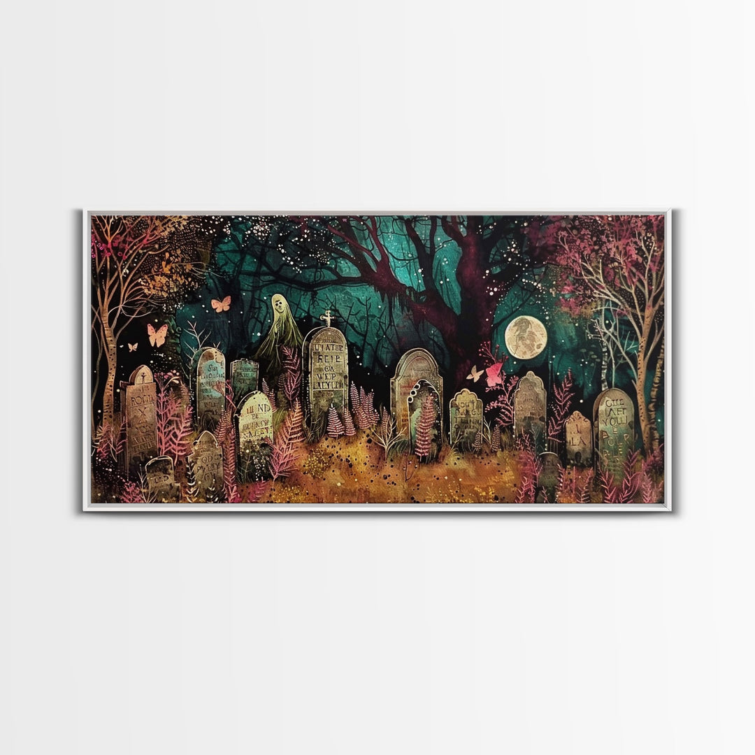Spooky Cottagecore Mashup, Halloween Decor, Framed Canvas Print, Haunted Grave Yard Halloween Prop