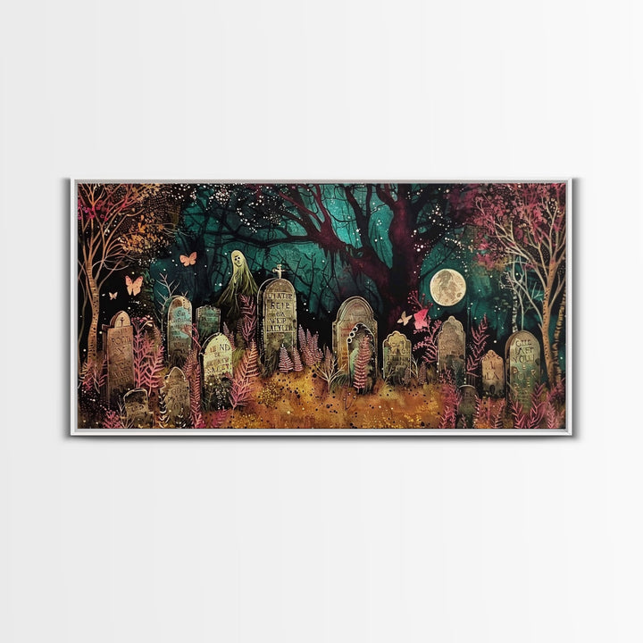 Spooky Cottagecore Mashup, Halloween Decor, Framed Canvas Print, Haunted Grave Yard Halloween Prop