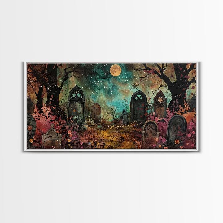 Spooky Cottagecore Mashup, Halloween Decor, Framed Canvas Print, Haunted Grave Yard Halloween Prop