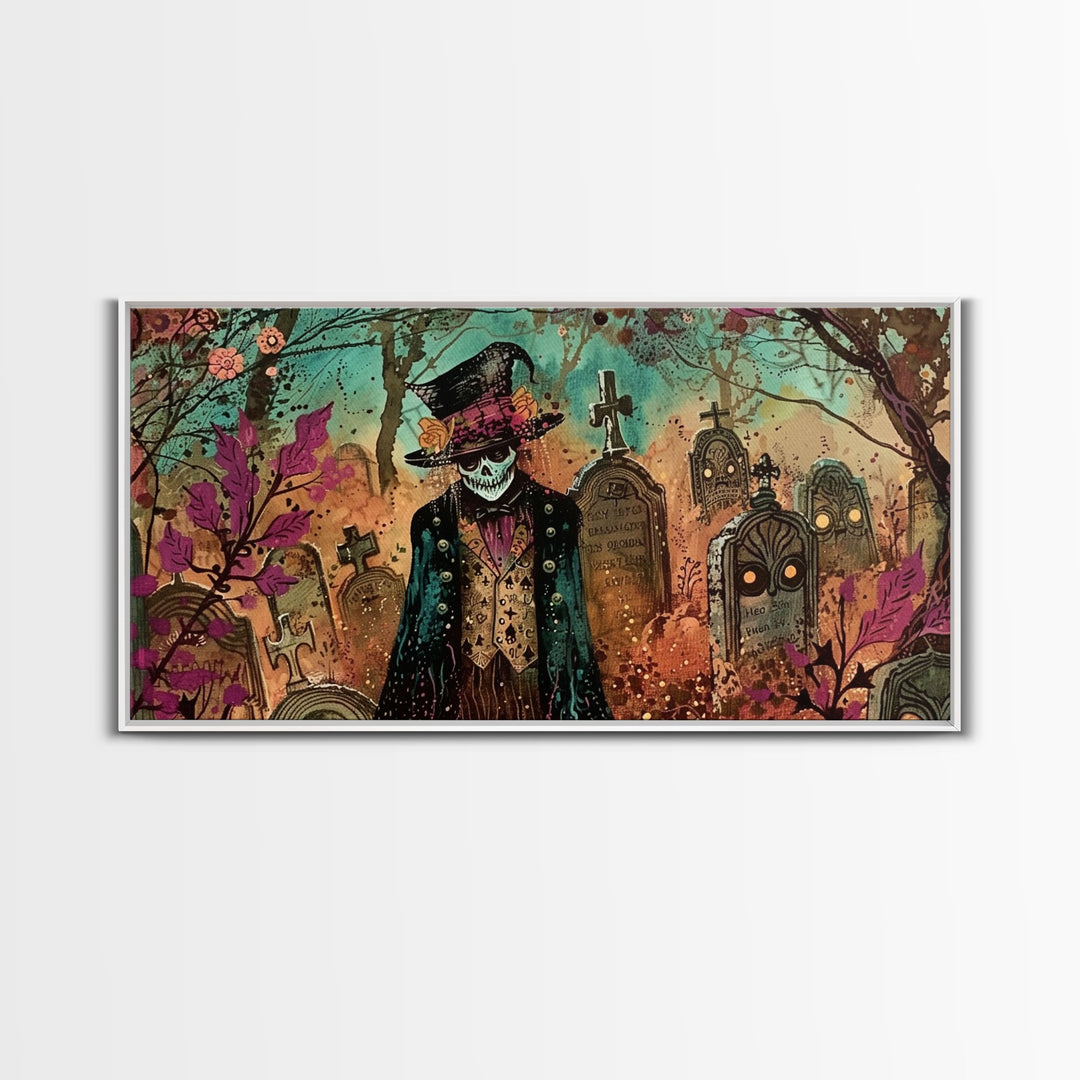 Spooky Ghost In A top hat, Framed Canvas Print, Halloween Decor, Spooky Vibes Wall Art