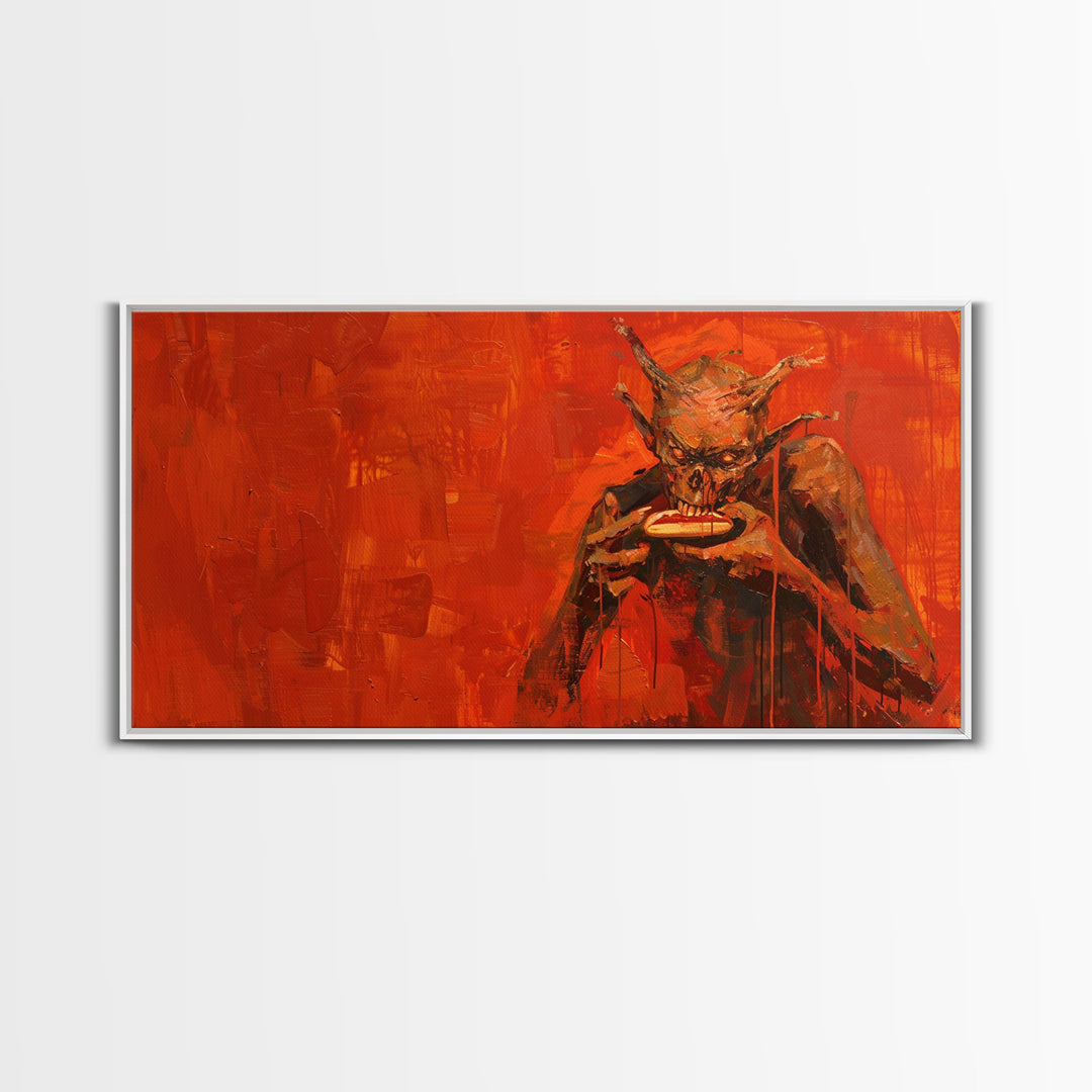 Scary Demon Having a Hot Dog, must be a baseball fan. Funny Halloween Wall Art Framed Canvas Print