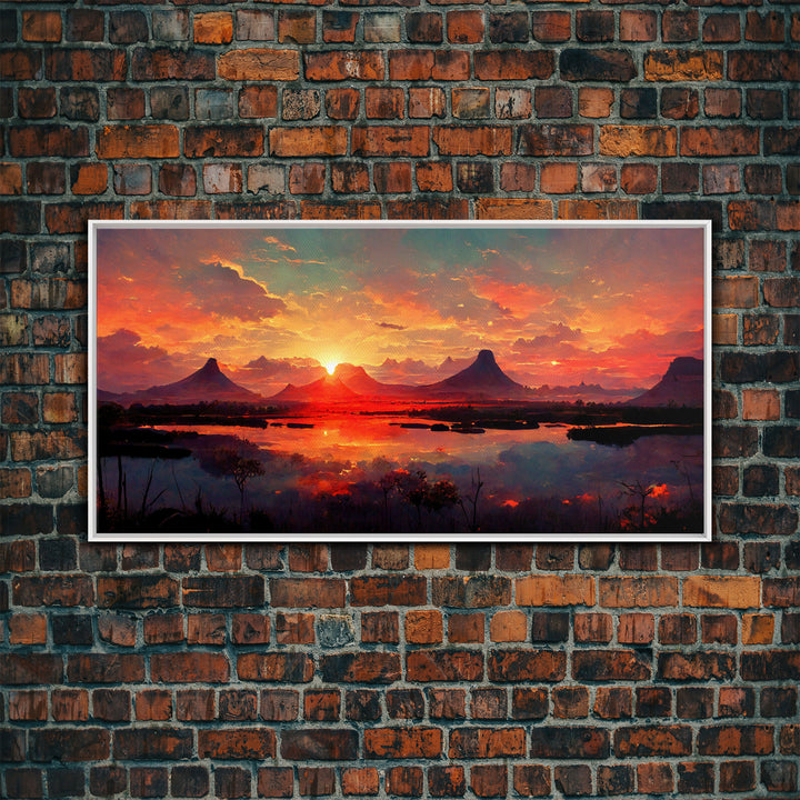 Mountain and Lake Sunset Wall Art Oil Painting On Canvas, Canvas Print, Ready to hang gallery wrapped nature framed canvas print, lake life