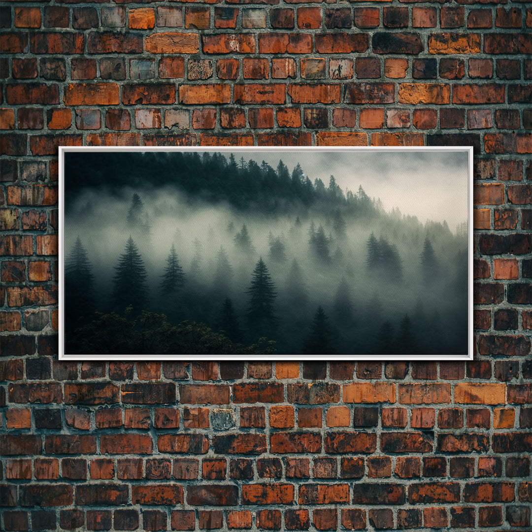 Foggy pine forest, Canadian forest art, framed canvas print, farmhouse decor, misty forst landscape