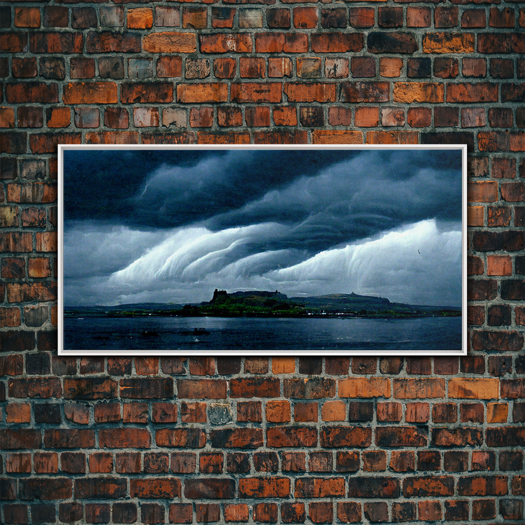 Rainstorm wall art, canvas print, ready to hang, fast moving storm over an island castle, cool wall art