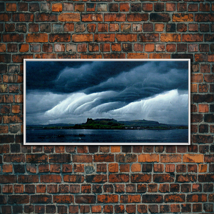 Rainstorm wall art, canvas print, ready to hang, fast moving storm over an island castle, cool wall art