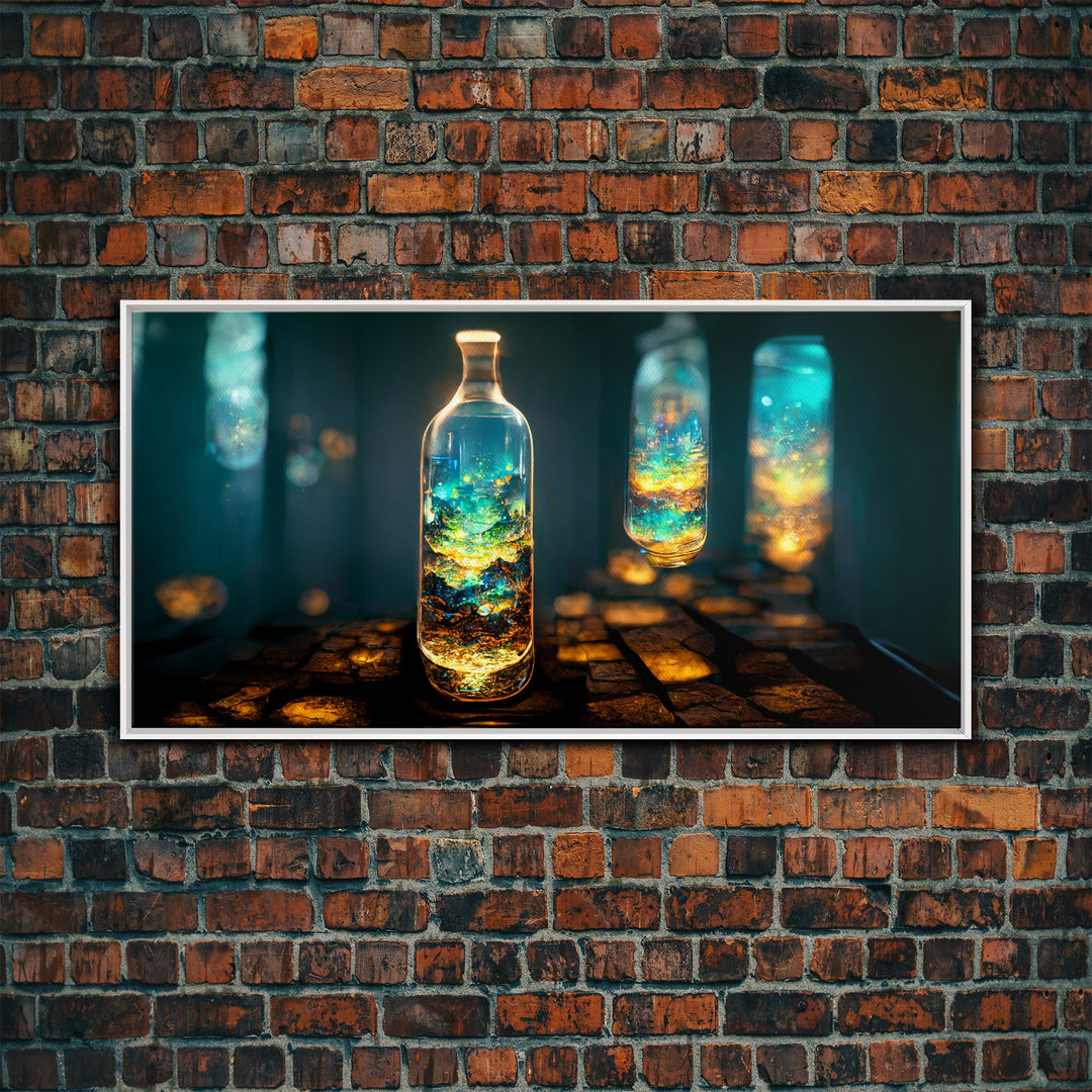 Miniature world in a bottle canvas print, high fantasy wall art, magical wall art, ready to hang wall art
