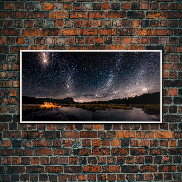 Cool Wall Art Landscape Mountains Nature Painting Prints Minimalist Modern Home Artwork Decoration Night Sky With Stars, Framed Canvas Print