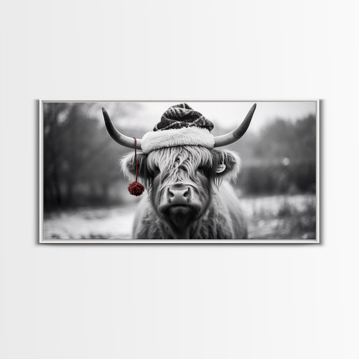 Highland Cow Wearing Santa Hat, Festive and Fun Framed Canvas Print for Holiday Wall Art, Living Room or Bedroom Decor