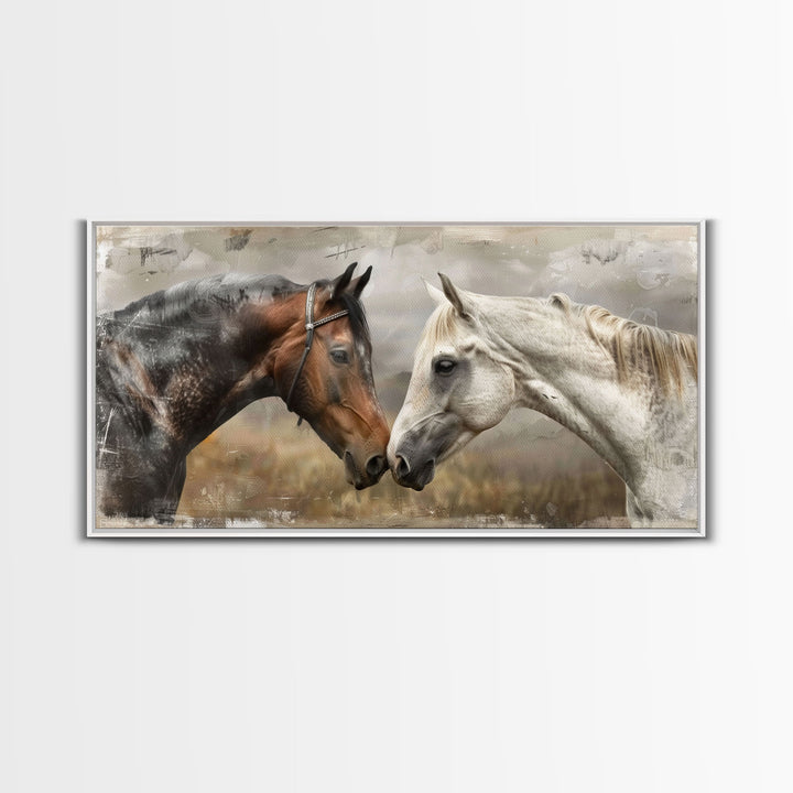 Black and White Horses, Framed Canvas Print for Elegant Living Room Decor, Equine Art for Home and Bedroom Decoration