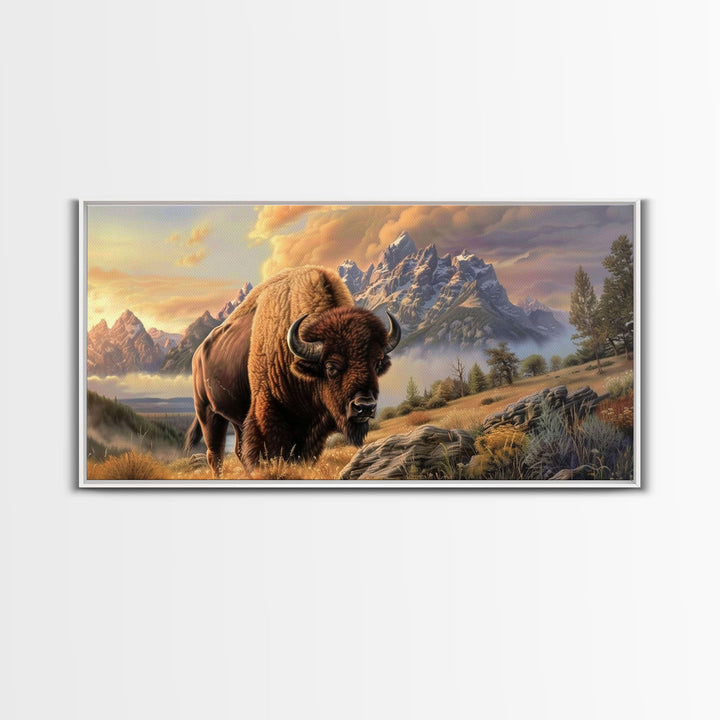 Powerful Bison in Mountain Valley, Framed Canvas Print, Ideal for Living Room Art, Nature Inspired Wall Art, Bedroom Decoration